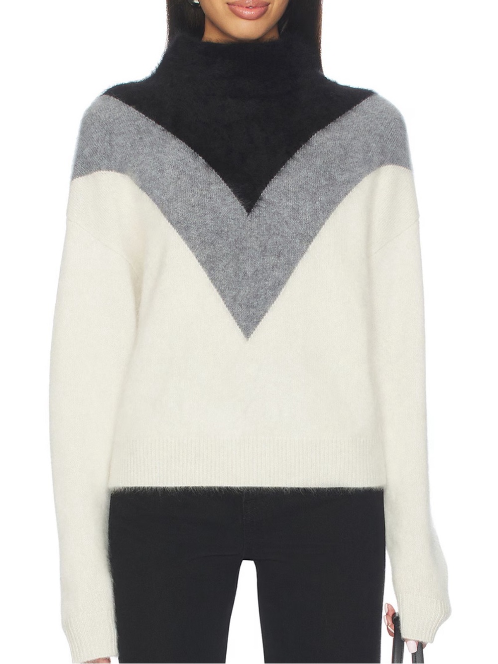 Theory 100% Cashmere Chevron Yoke Mock Neck Sweater - Cream, Gray & Black NWT